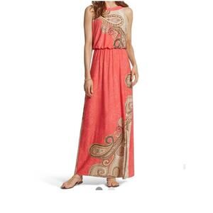 Chico's Contrast Paisley Hope Blouson Sleeveless Coral Maxi Dress - Size 2